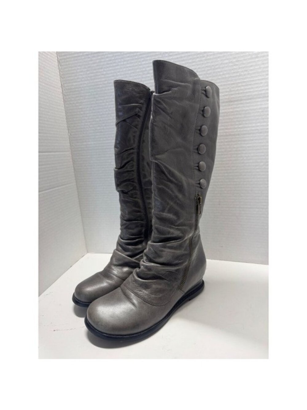 Miz Mooz Brenda Grey Leather Ruched Button Tall Boots Size 6 M